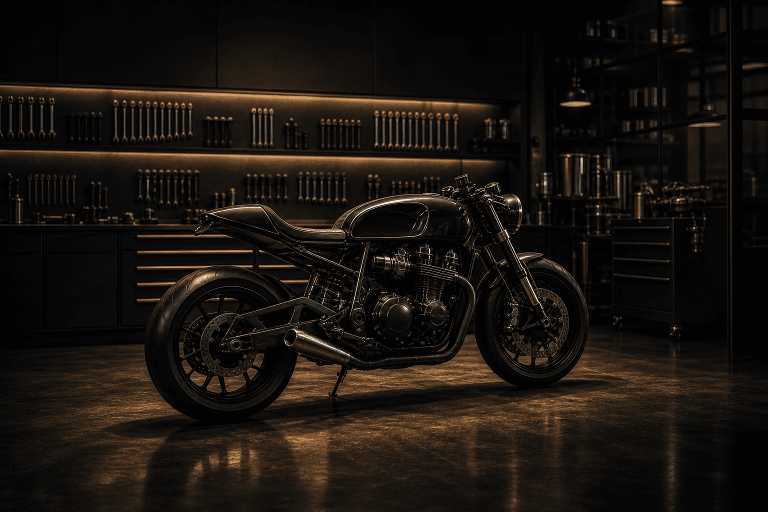 Motorcycle workshop at night, a bike under a warm spotlight