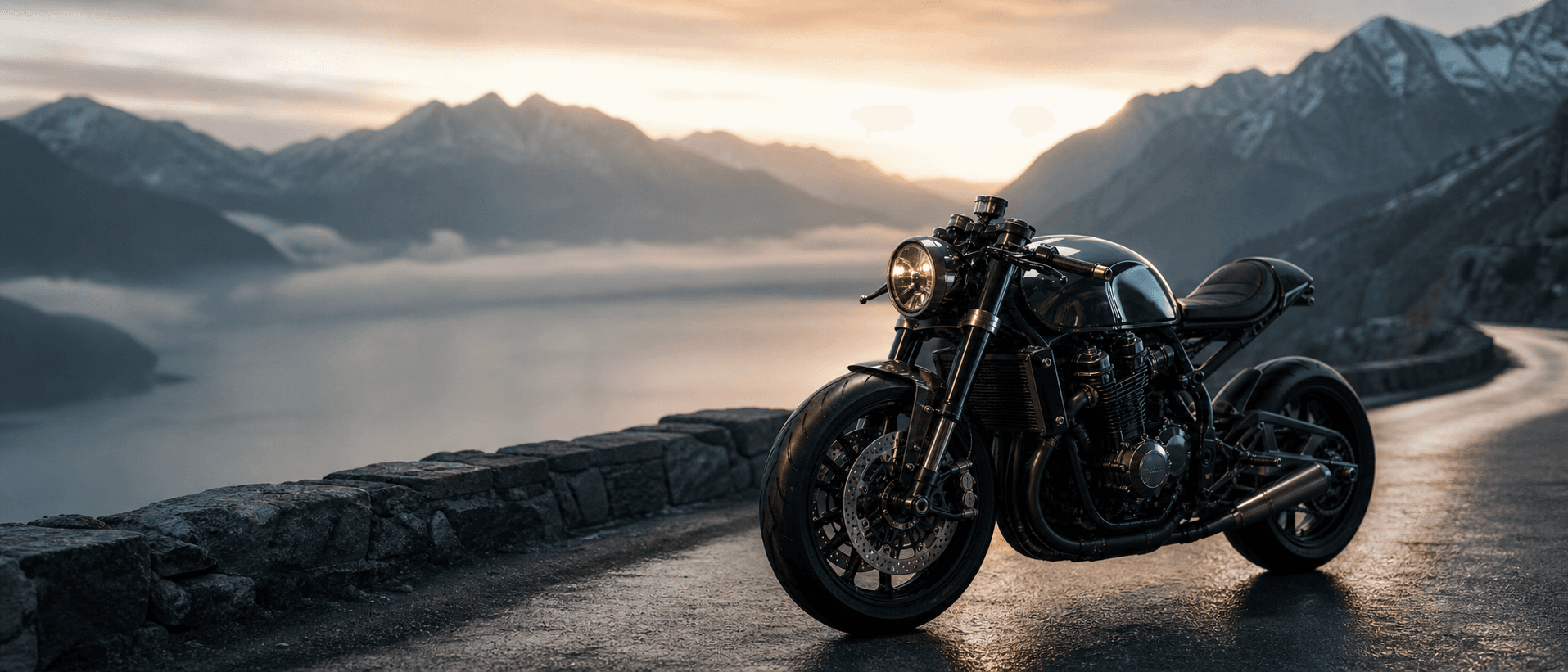 Lone motorcycle on a Swiss alpine pass, lake in the morning mist