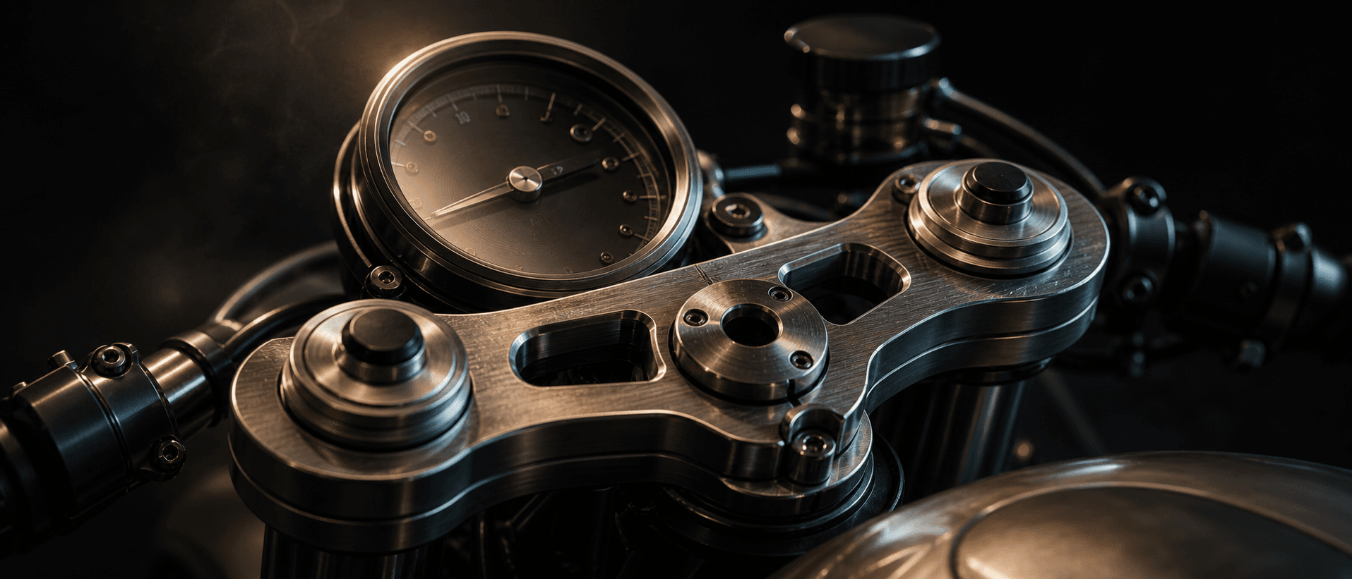 Macro of a machined fork yoke, watchmaker-grade finish