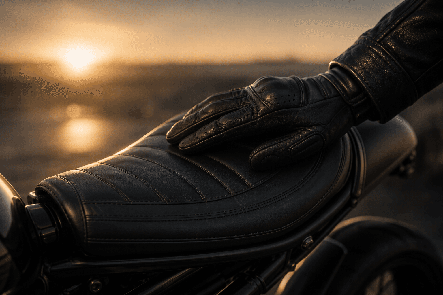 Gloved hand resting on a leather saddle, golden dusk light